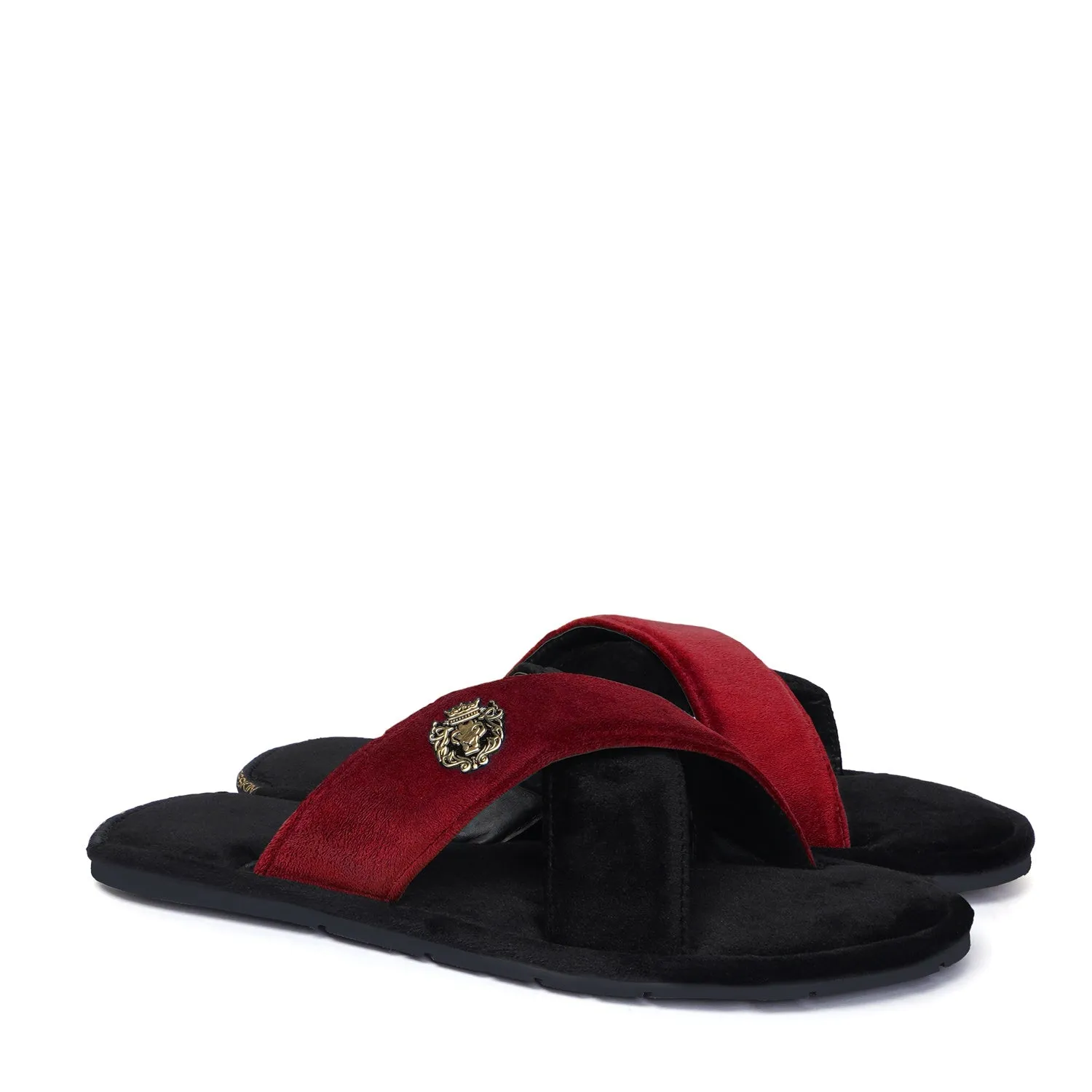 Cross Straps Velvet Slide-in Slippers in Black-Red Color