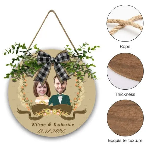 Custom Date & Face & Name Couple Door Hanger Welcome Wood Circle Sign Round Welcome Sign Front Door Decor