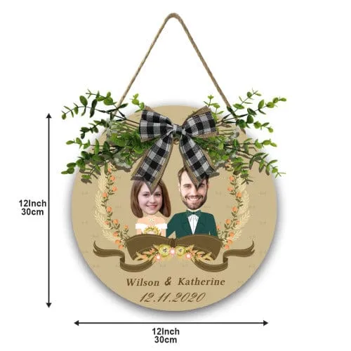 Custom Date & Face & Name Couple Door Hanger Welcome Wood Circle Sign Round Welcome Sign Front Door Decor