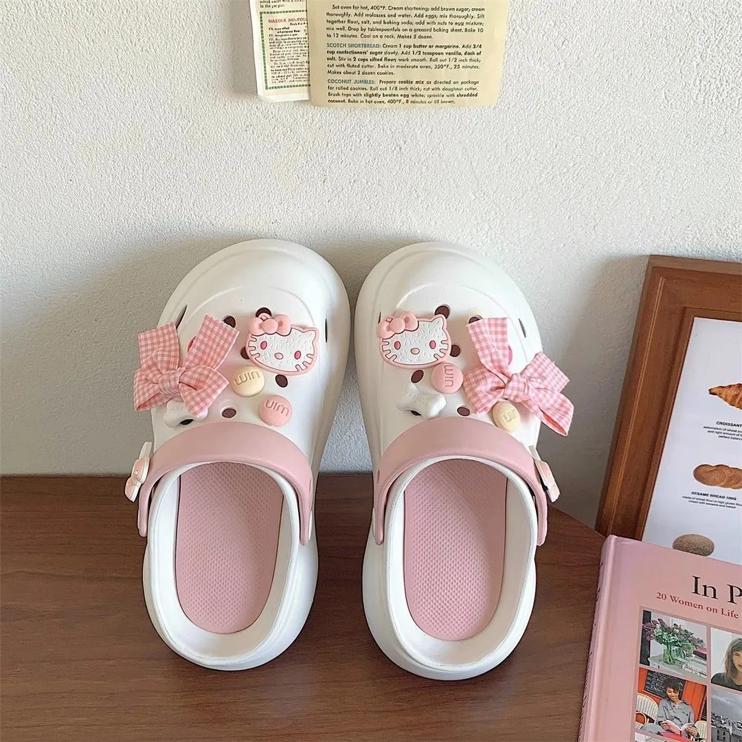 Cute Girl Heart Bow Knot Hole Shoes Summer Thick Bottom Heightening Non-slip Beach Baotou Slippers