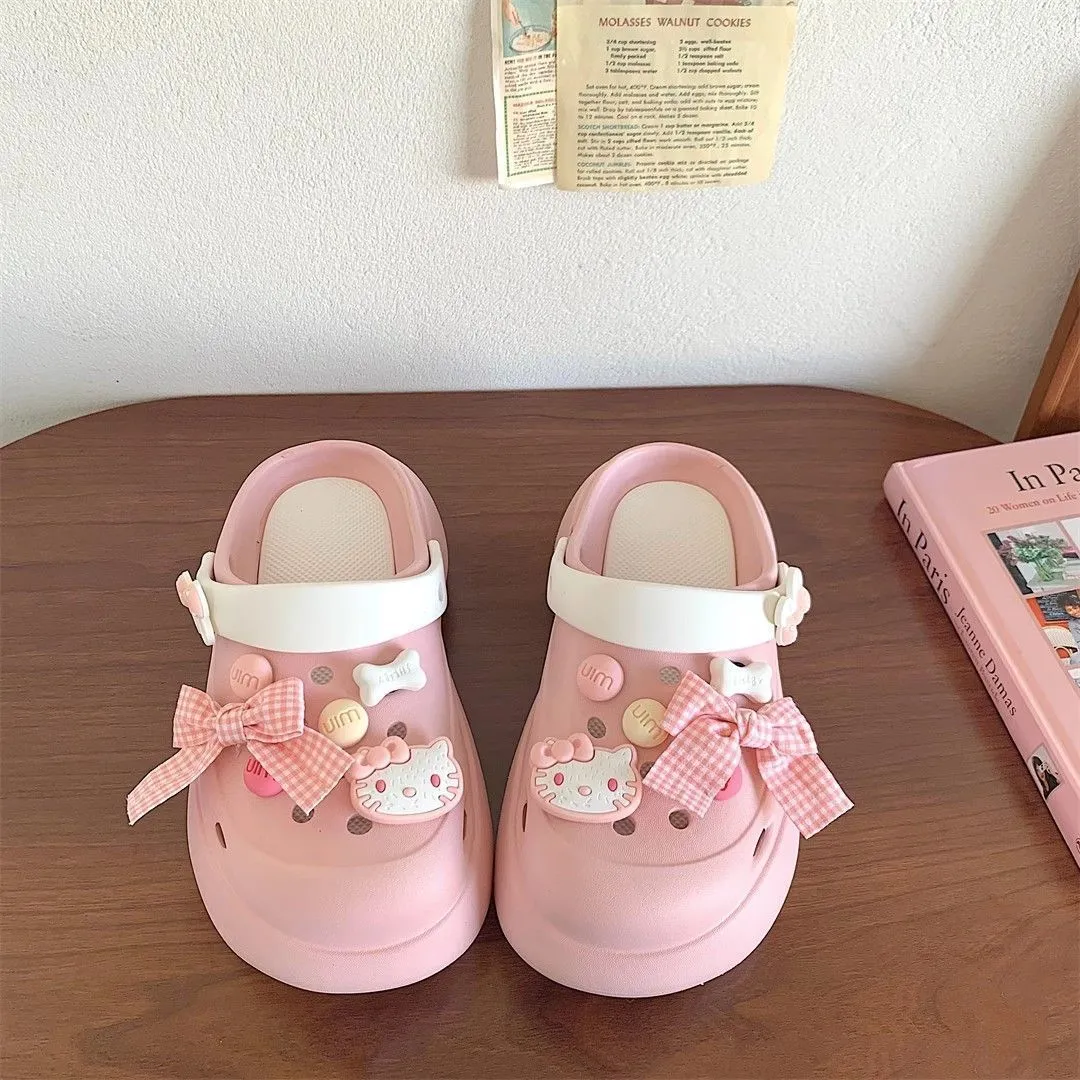 Cute Girl Heart Bow Knot Hole Shoes Summer Thick Bottom Heightening Non-slip Beach Baotou Slippers