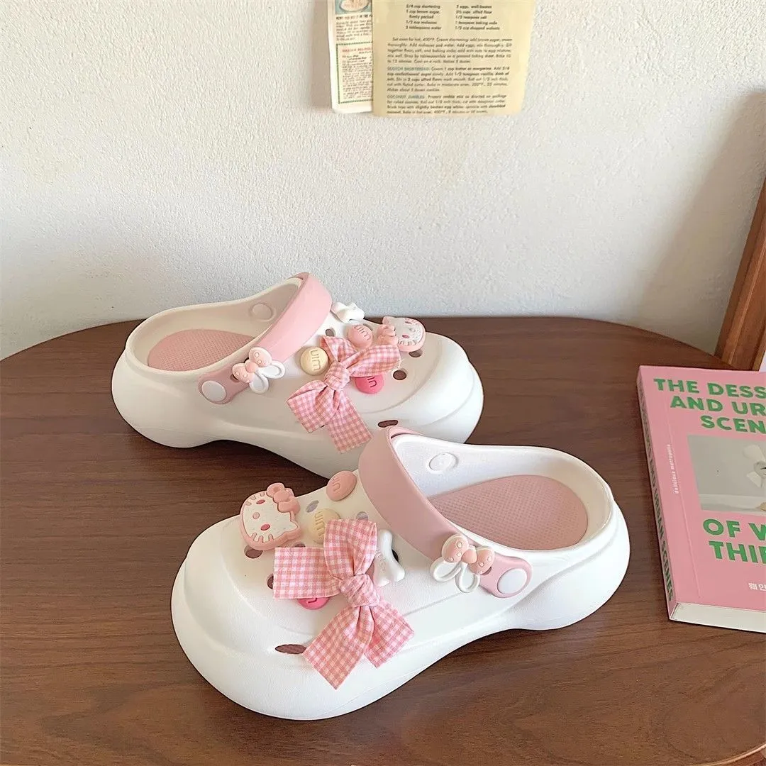 Cute Girl Heart Bow Knot Hole Shoes Summer Thick Bottom Heightening Non-slip Beach Baotou Slippers