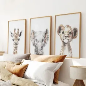 Cute Set of 3 Watercolor Jungle Animal Wall Art