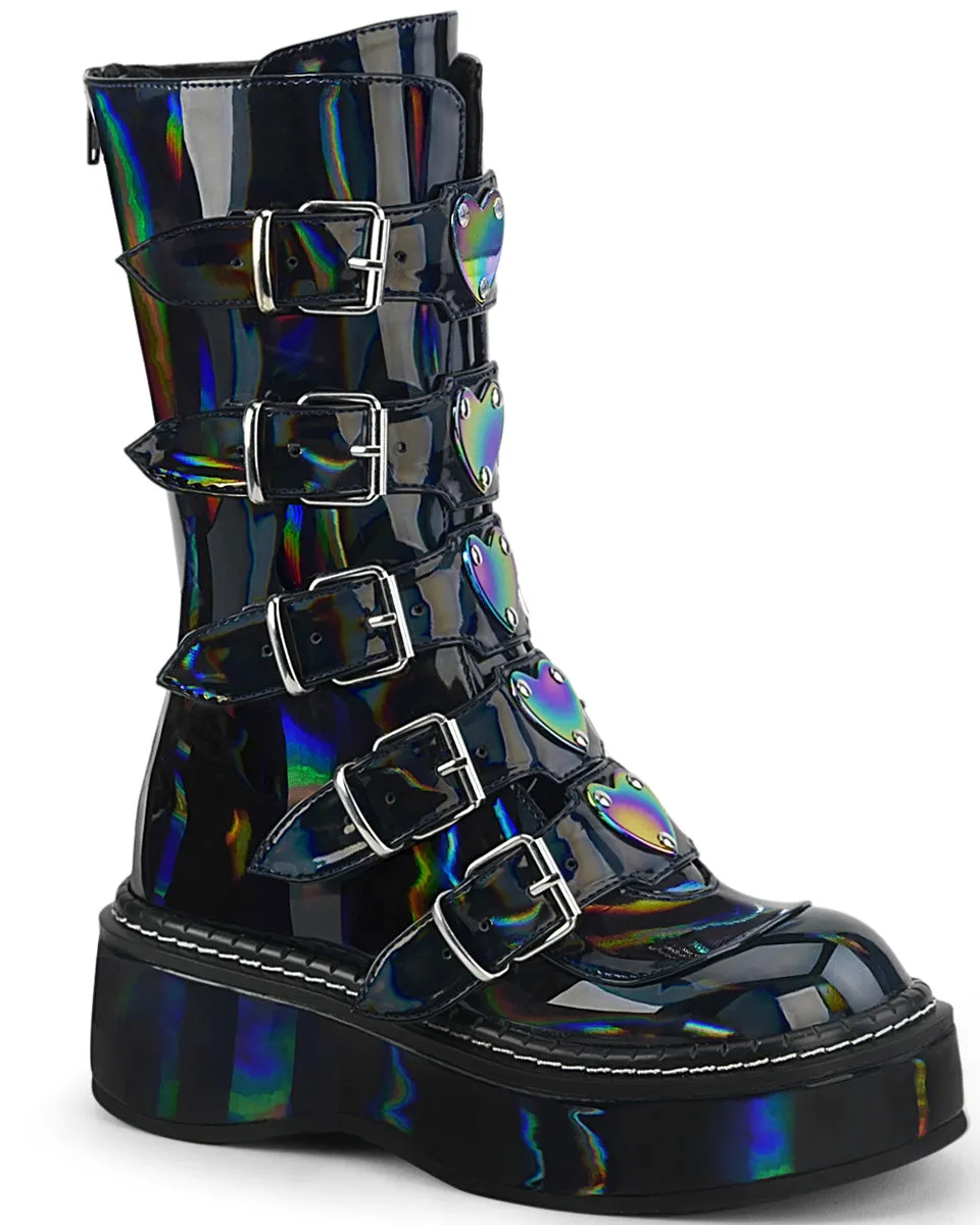 Demonia Emily Holo Black Heart-Buckle Boots