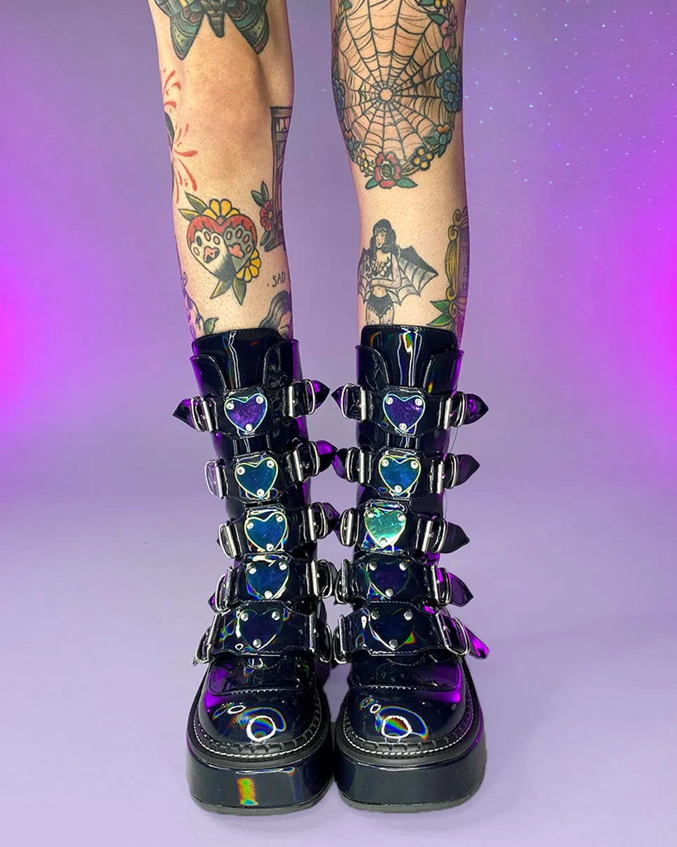 Demonia Emily Holo Black Heart-Buckle Boots