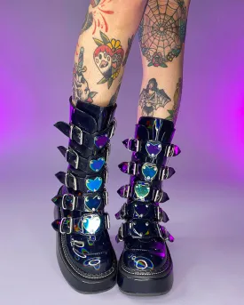 Demonia Emily Holo Black Heart-Buckle Boots