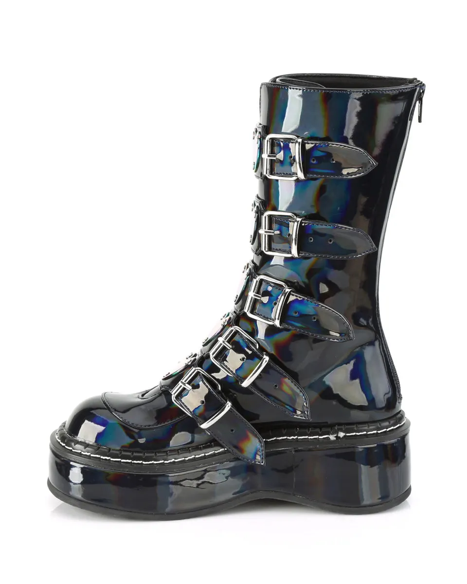 Demonia Emily Holo Black Heart-Buckle Boots