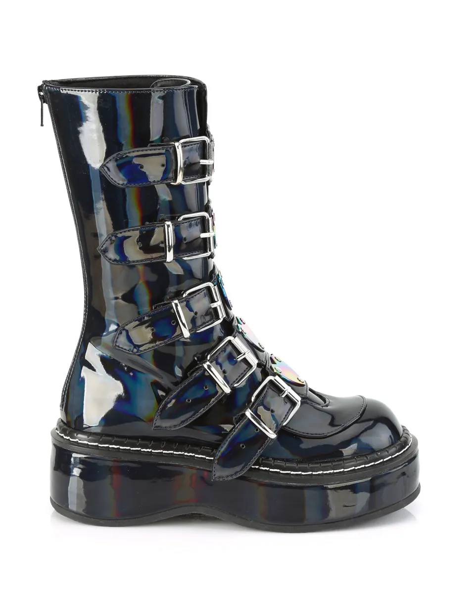 Demonia Emily Holo Black Heart-Buckle Boots