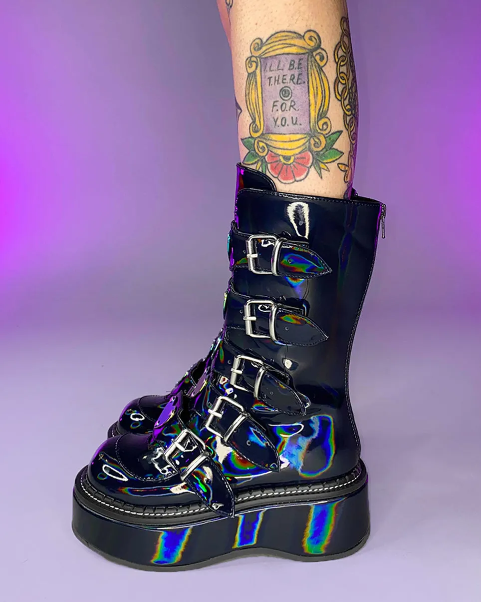 Demonia Emily Holo Black Heart-Buckle Boots