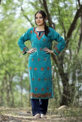 Exotic Green Colour Cotton Kurti With Kashmiri Motifs With Latest Fashion Trend.