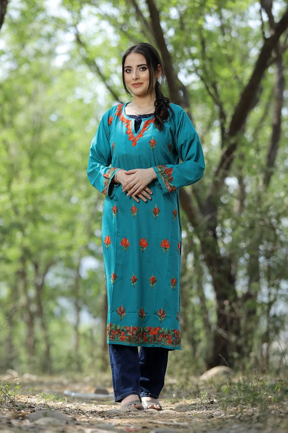 Exotic Green Colour Cotton Kurti With Kashmiri Motifs With Latest Fashion Trend.