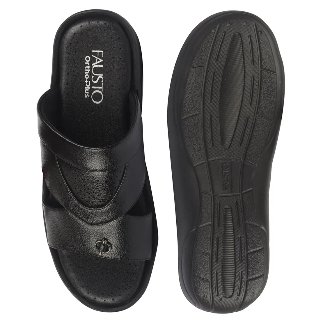 FAUSTO Men Black Open Toe Broad Feet Slipper With Memory Cushion|Comfortable Gents Slipper|Sandals For Kurta