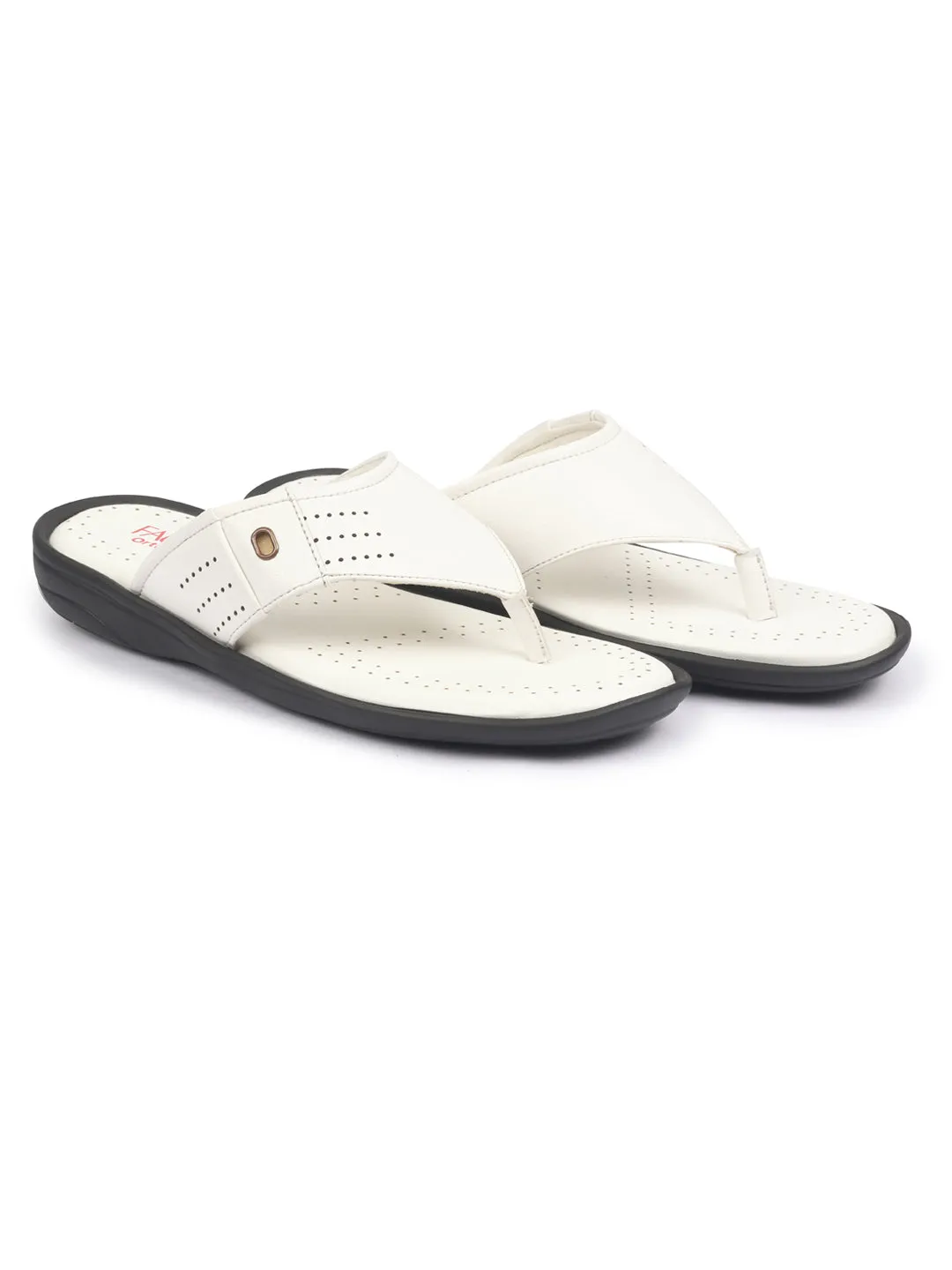 FAUSTO Men White Open Toe Flip-Flop Slippers With Memory Cushion|Outdoor Slipper For Men