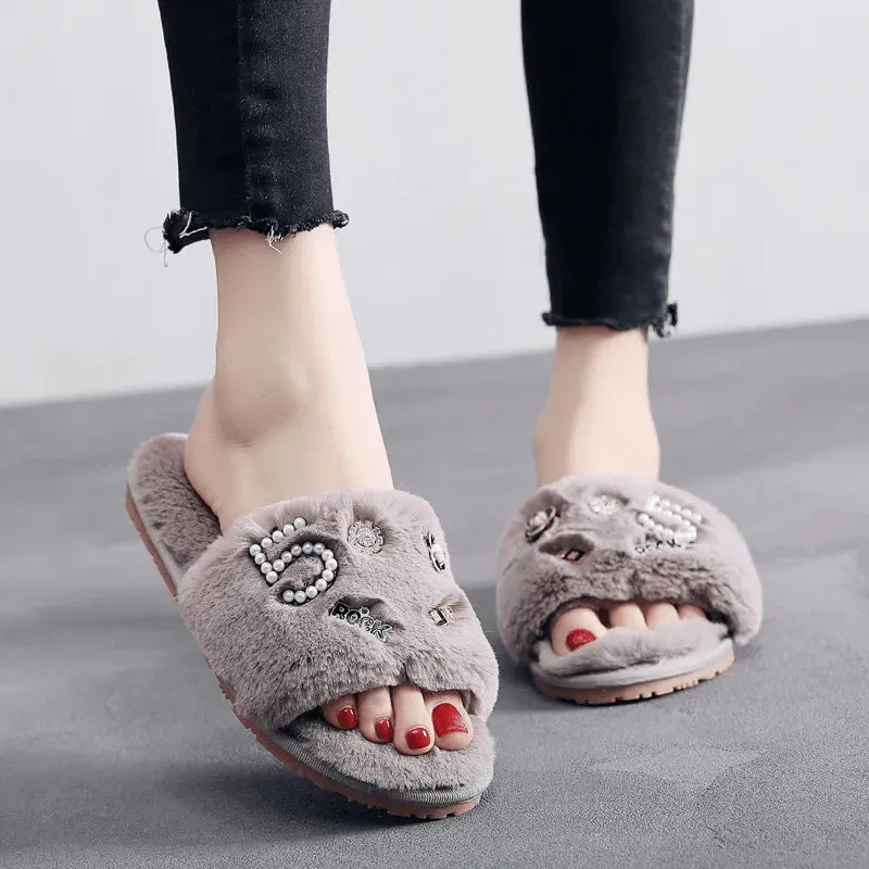 Fur Slippers with Applique for Women