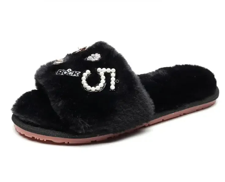 Fur Slippers with Applique for Women