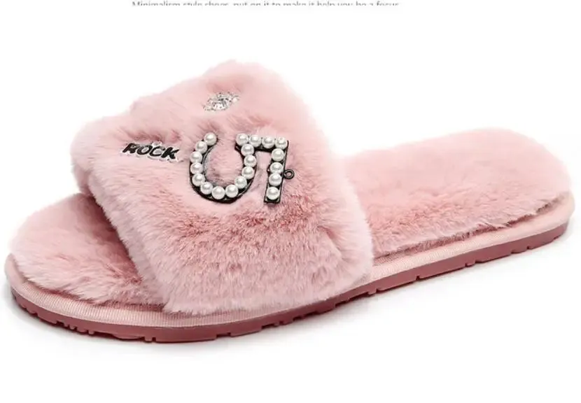 Fur Slippers with Applique for Women