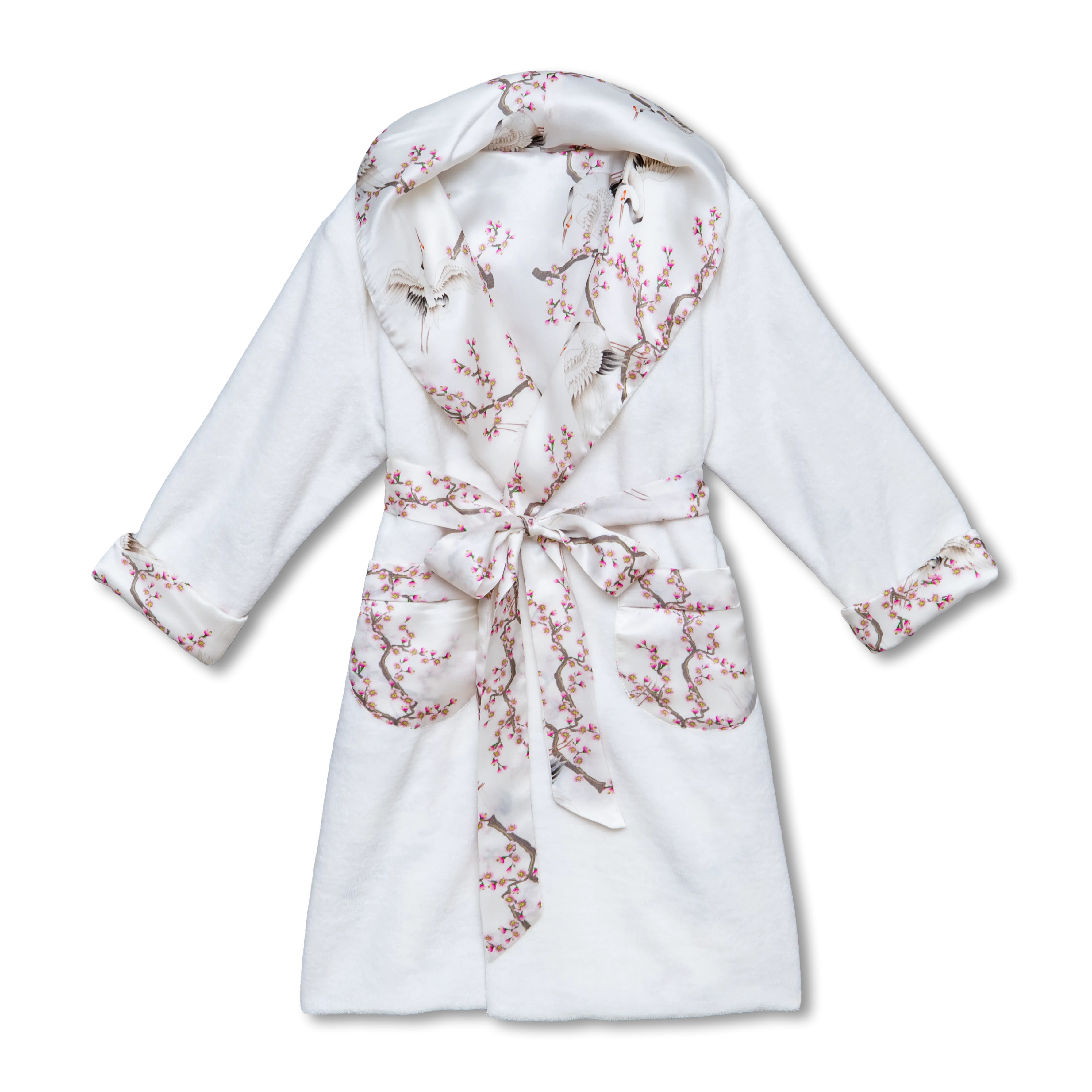 GAIA - GIRLS TERRY DRESSING GOWN IVORY BIRDS WITH SILK LINING