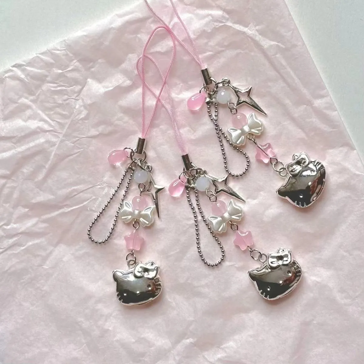 Girly Heart KT Cat Pendant Mobile Phone Case Accessories Beaded Handmade Chain