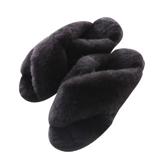 Groovywish House Slippers Women Flat Soft Faux Fur Plus Plush Slides Super Warm Winter