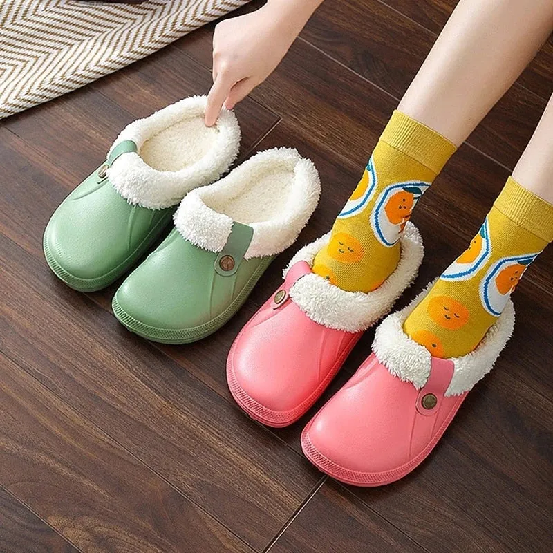 Groovywish Plush Winter Slippers Women Heel Support Waterproof Slides