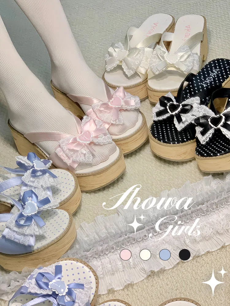 Japanese style bow thick-soled slippers