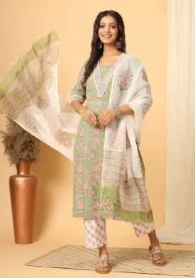 Kesar - Hand Block Print Cotton Suit Set With Pure Kota Doria Dupatta