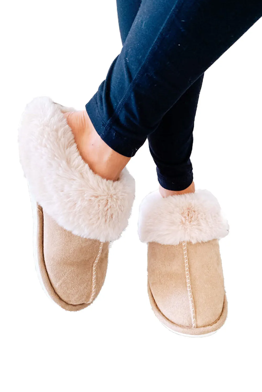 Khaki Faux Suede Plush Lined Open Heel Slippers