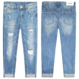 Kids Ripped Elastic Band Inside Rolled Up Raw Edge Leg Slim Jeans