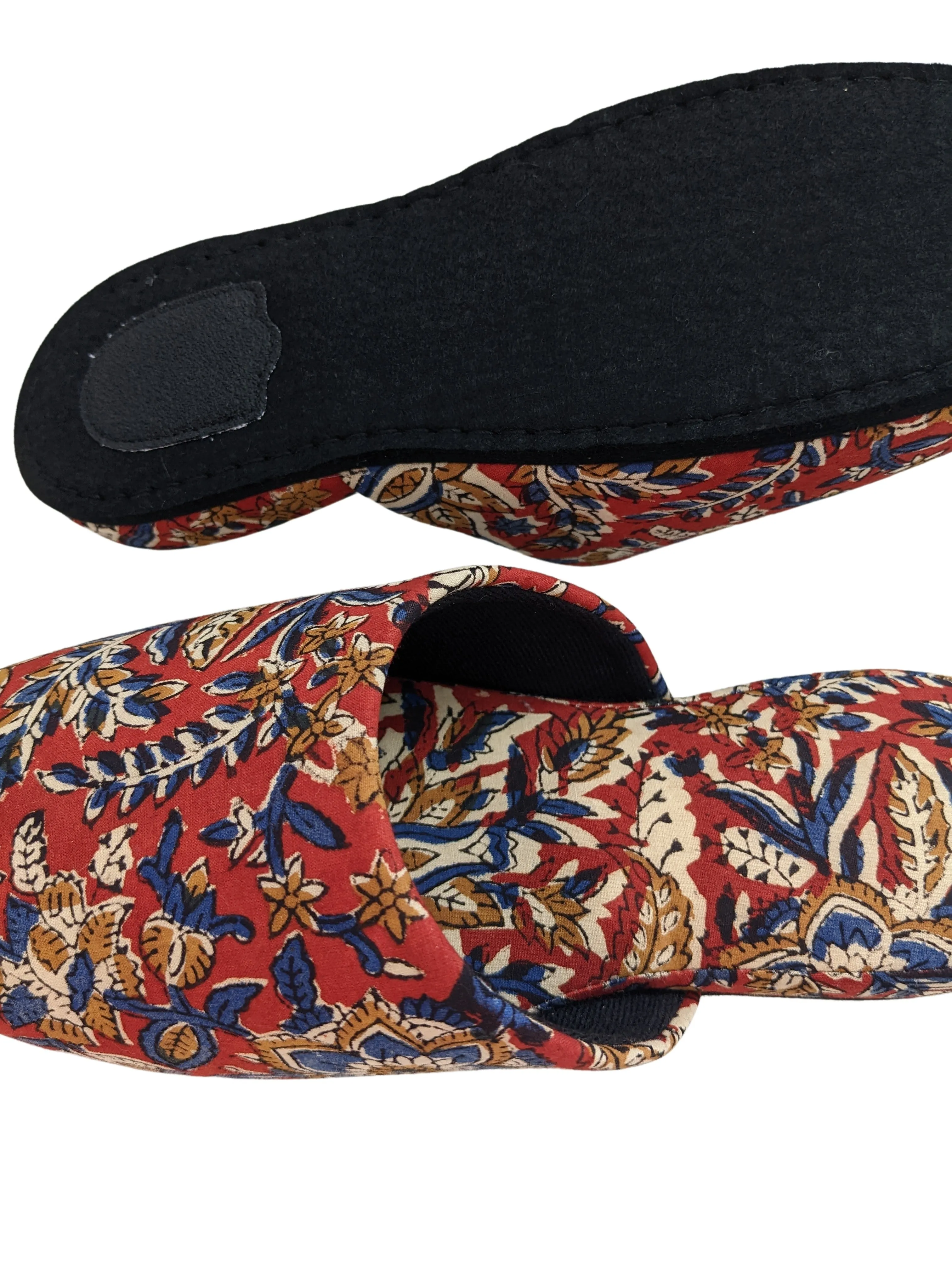 Large Block Printing Flowers Mix Slippers [Black wool felt soles] LF2207 [Size Large]