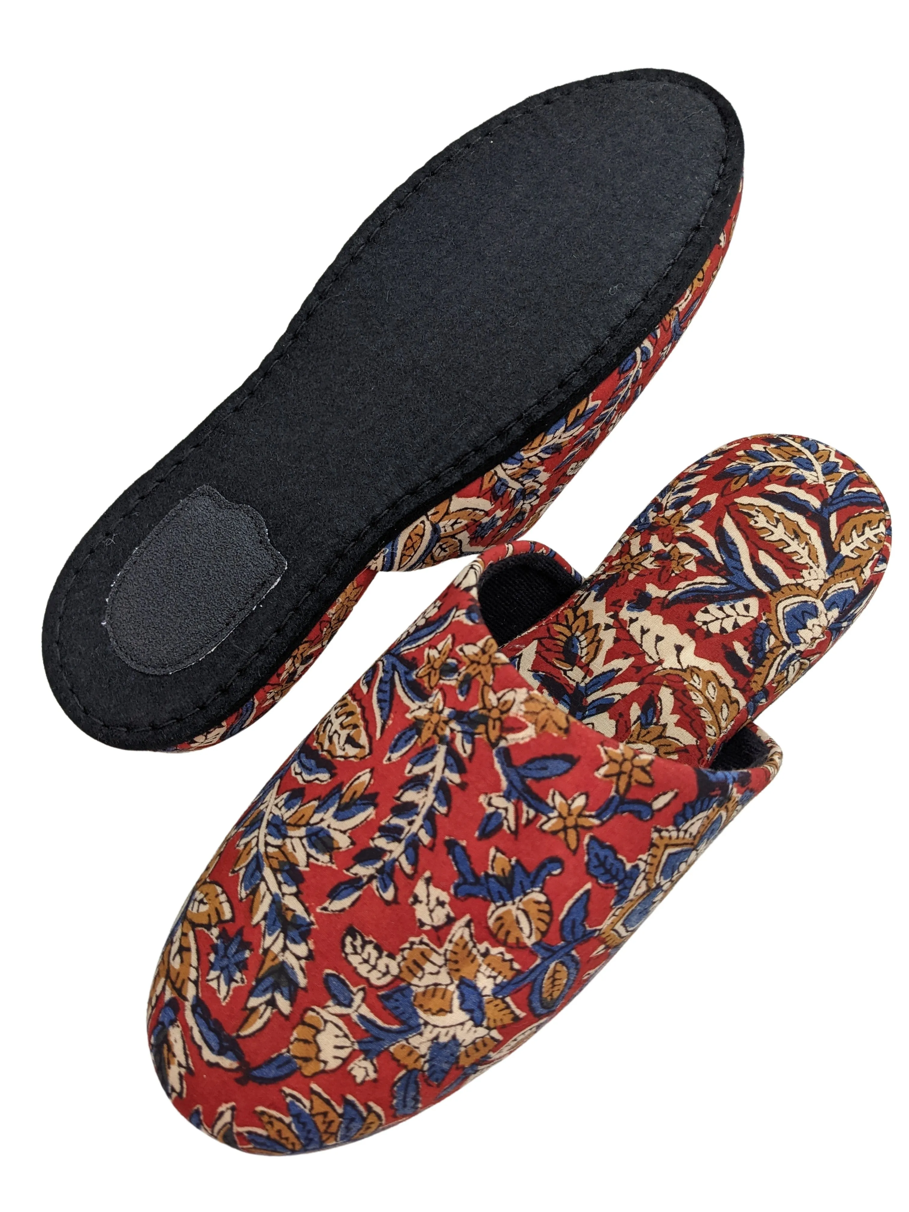 Large Block Printing Flowers Mix Slippers [Black wool felt soles] LF2207 [Size Large]