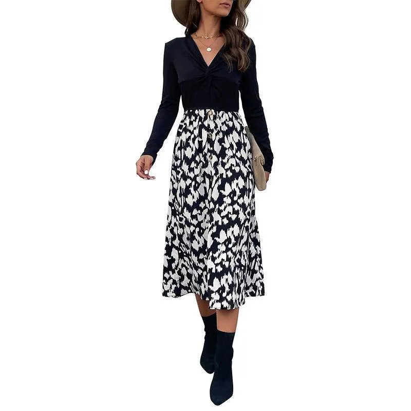 Leopard Contrast V-neck Twisted Buttoned Midi Dress