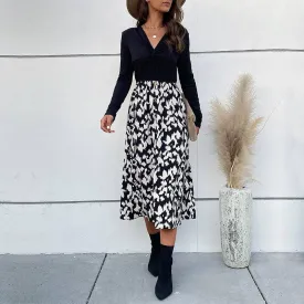 Leopard Contrast V-neck Twisted Buttoned Midi Dress