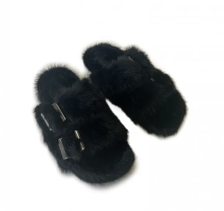 Linda Richards Women's MKS-01 Birkenstock Genuine Mink Slippers - Black