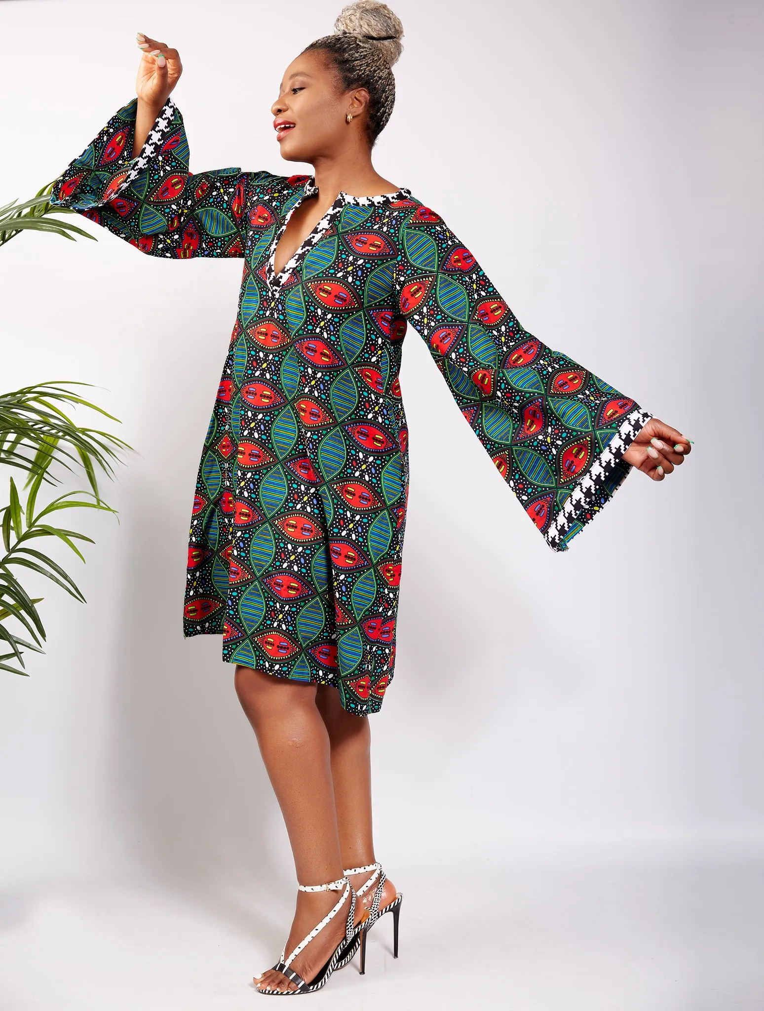 Long Sleeve African Print Shift Dress - Akuunwa