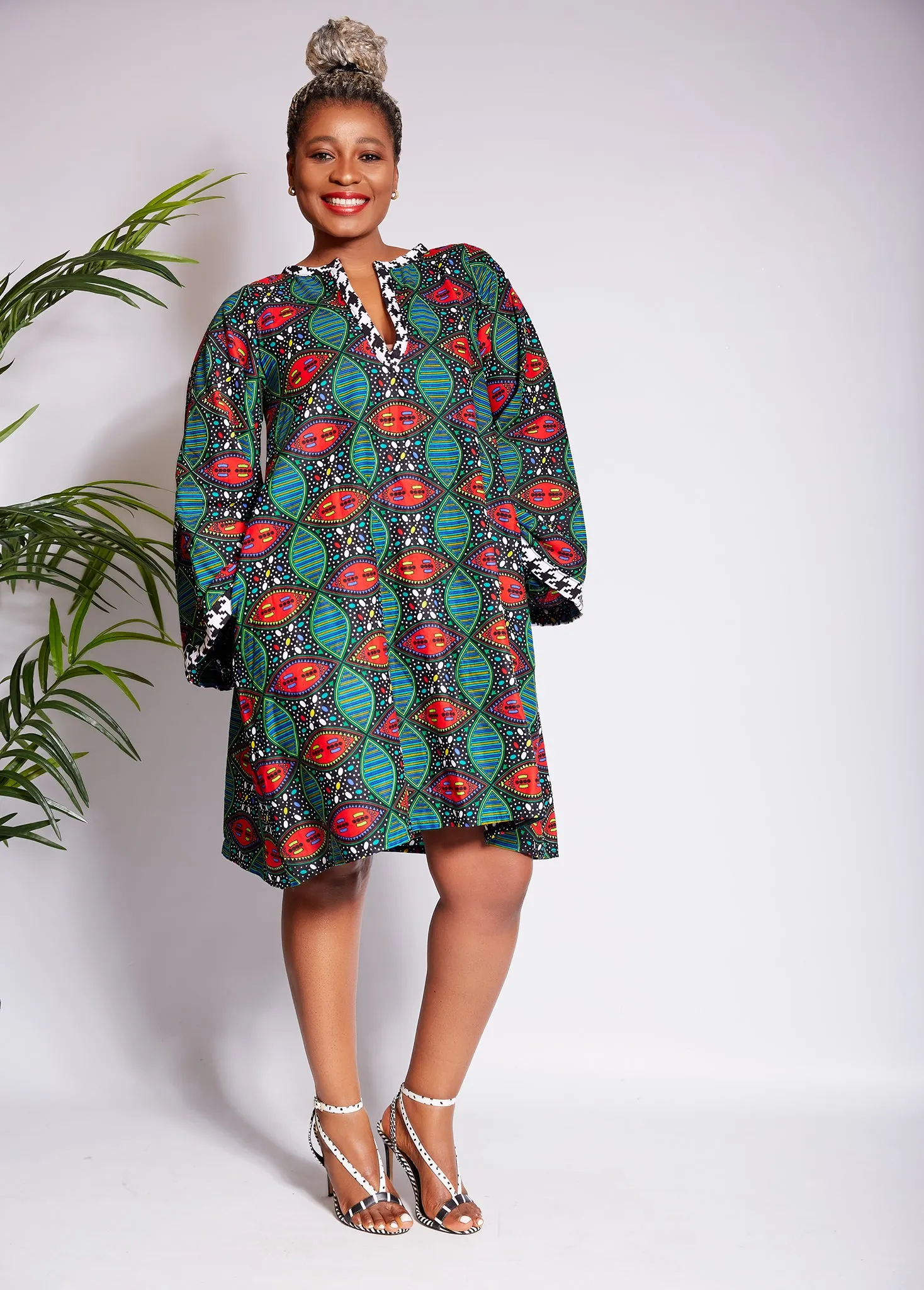 Long Sleeve African Print Shift Dress - Akuunwa