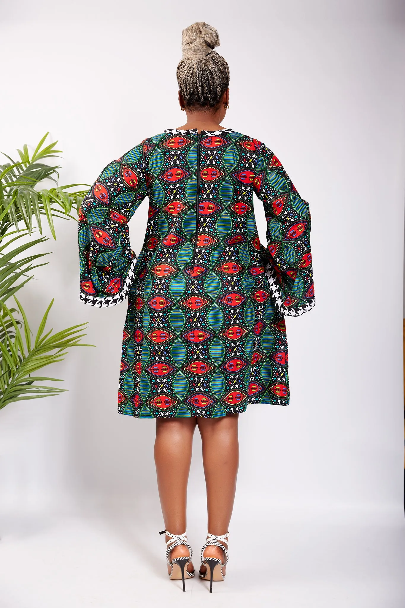 Long Sleeve African Print Shift Dress - Akuunwa