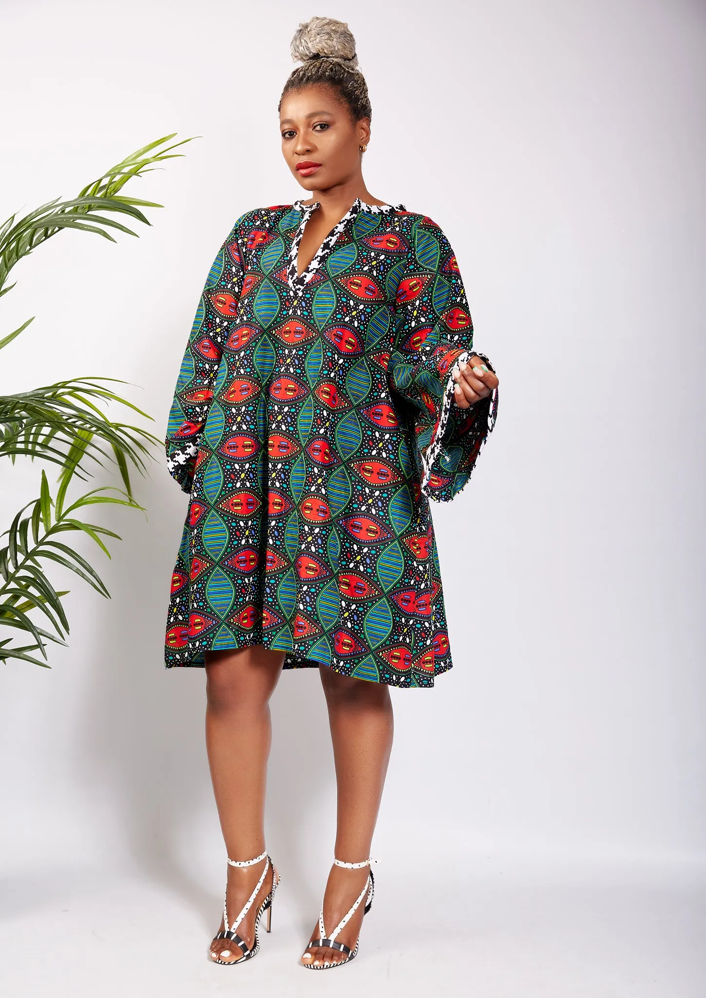 Long Sleeve African Print Shift Dress - Akuunwa