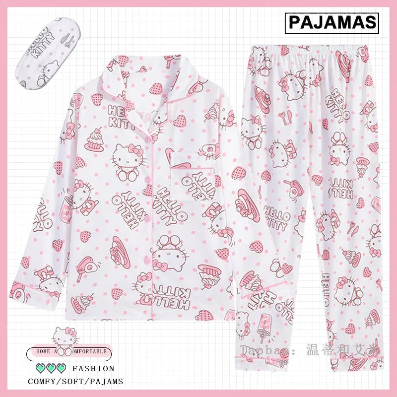 Love Hellokitty Spring and Autumn Cotton Cartoon Long-sleeved Girls Pajamas