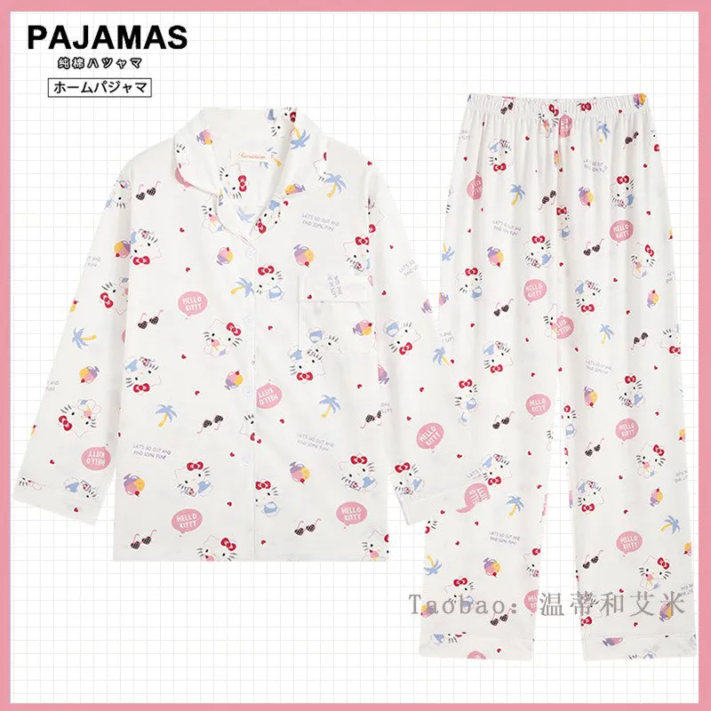 Love Hellokitty Spring and Autumn Cotton Cartoon Long-sleeved Girls Pajamas