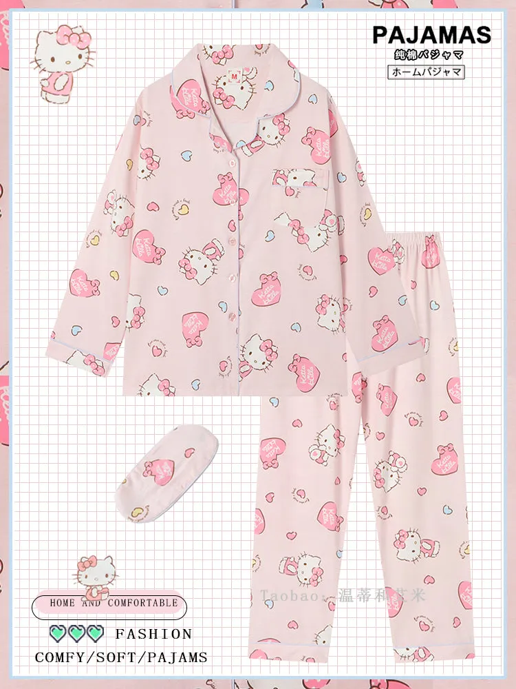 Love Hellokitty Spring and Autumn Cotton Cartoon Long-sleeved Girls Pajamas