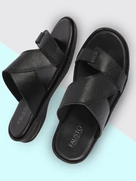 Men Black Daily Indoor Outdoor Multi Strap Toe Ring Slip On Slipper