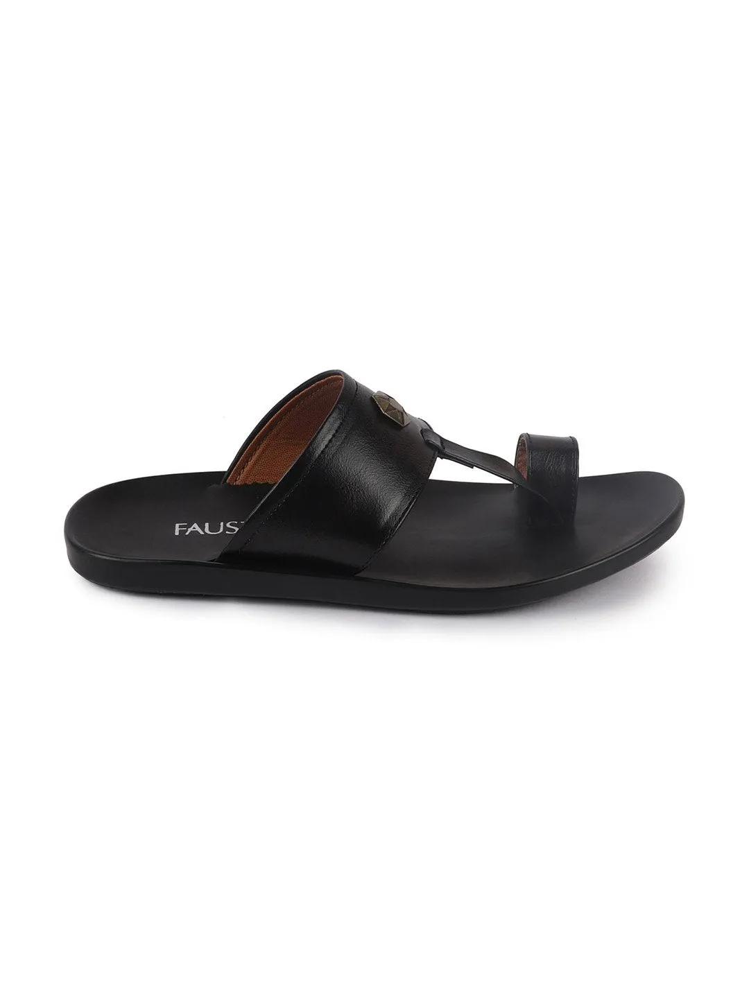 Men Black Slip On Indoor Toe Ring Slippers