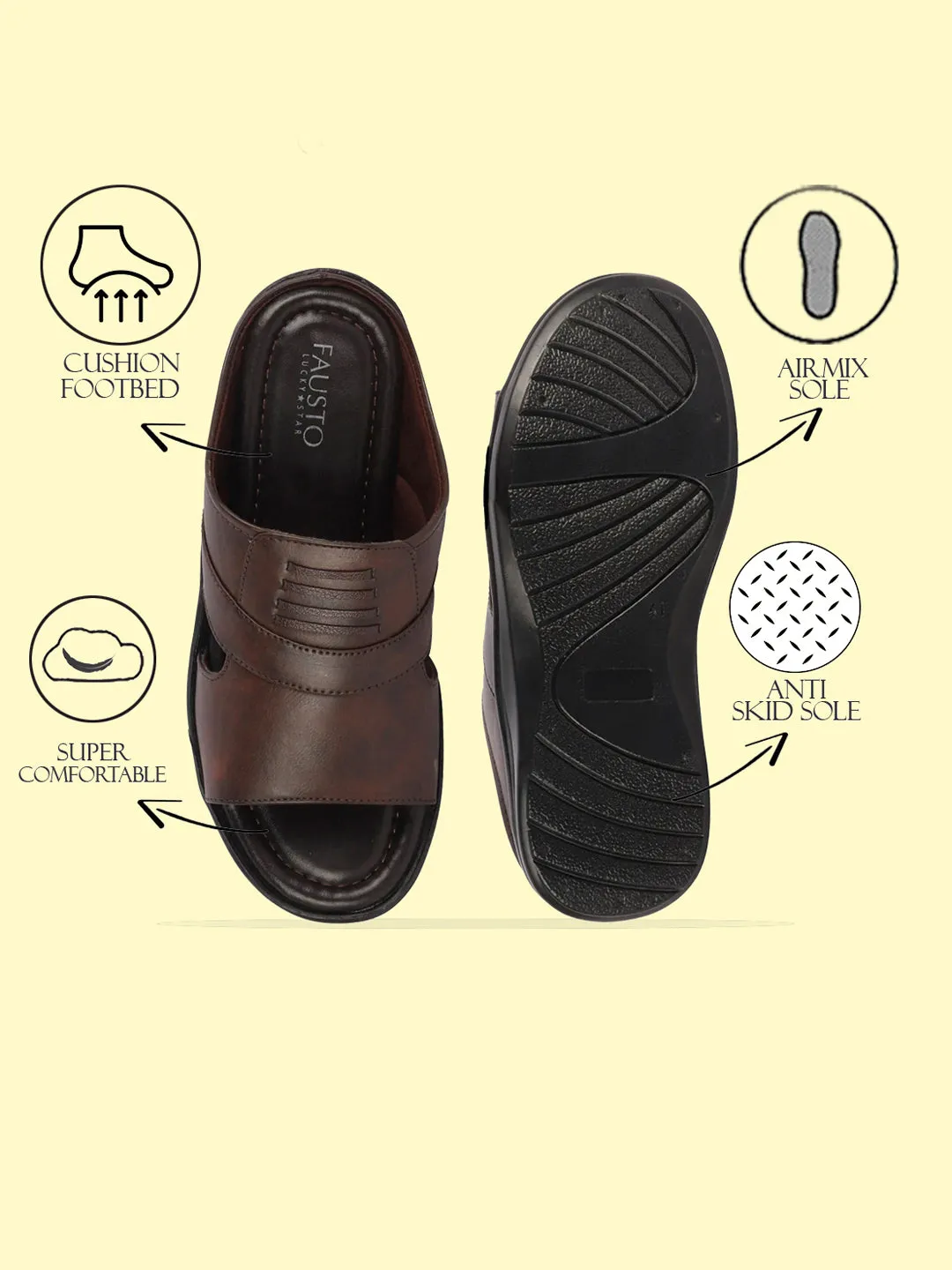 Men Brown Daily Indoor Outdoor Comfort Stitched Design Open Toe Slip On Slipper