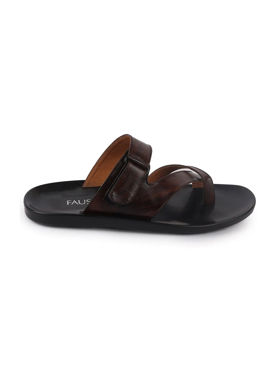 Men Brown Hook & Loop Criss Cross Toe Ring Slipper