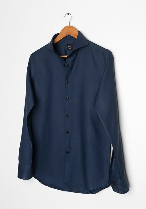 NAVY BLUE COTTON LINEN SHIRT - CUT AWAY EXTREME COLLAR