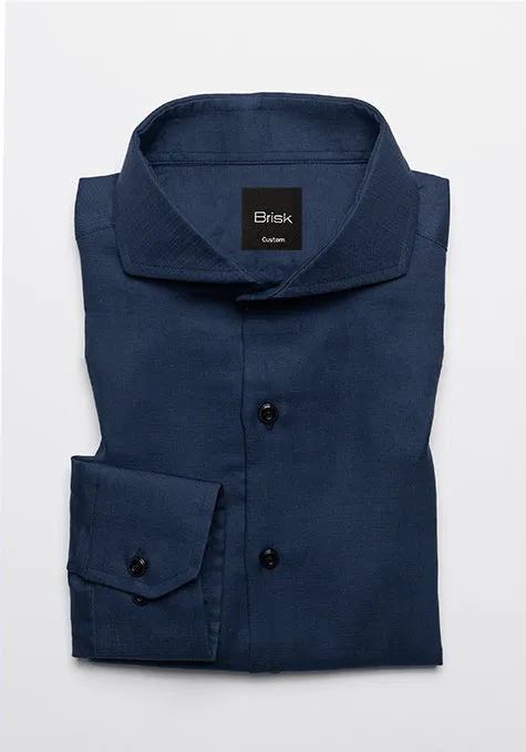 NAVY BLUE COTTON LINEN SHIRT - CUT AWAY EXTREME COLLAR