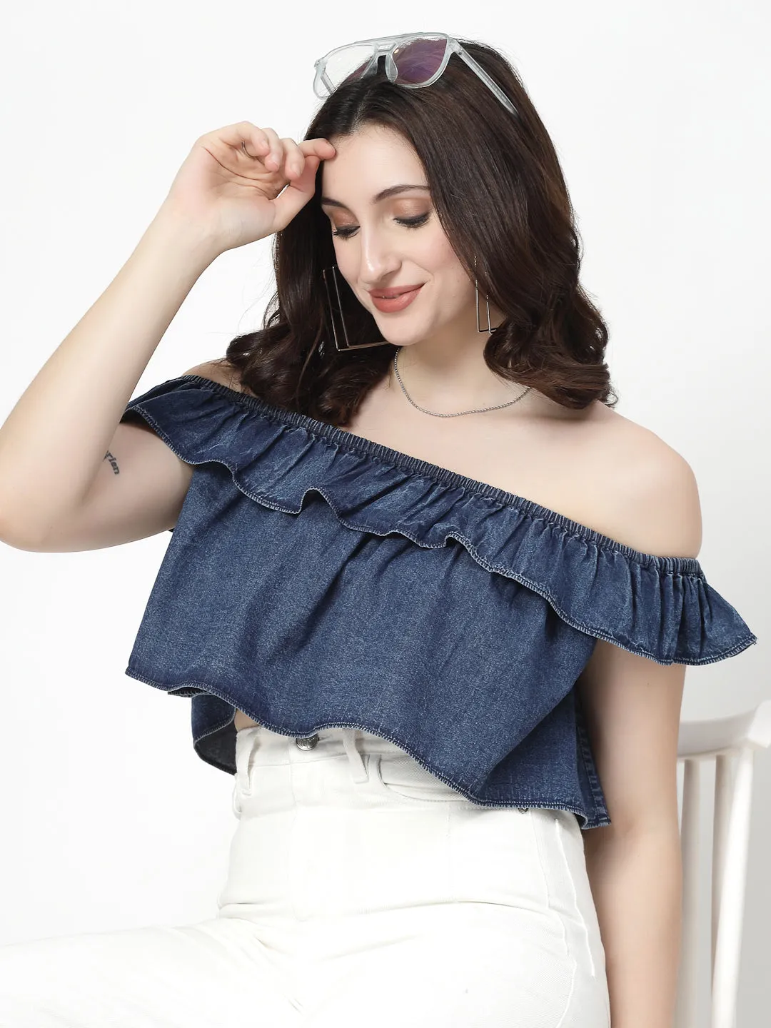 Off Shoulder Dark Indigo Crop Top With Frills