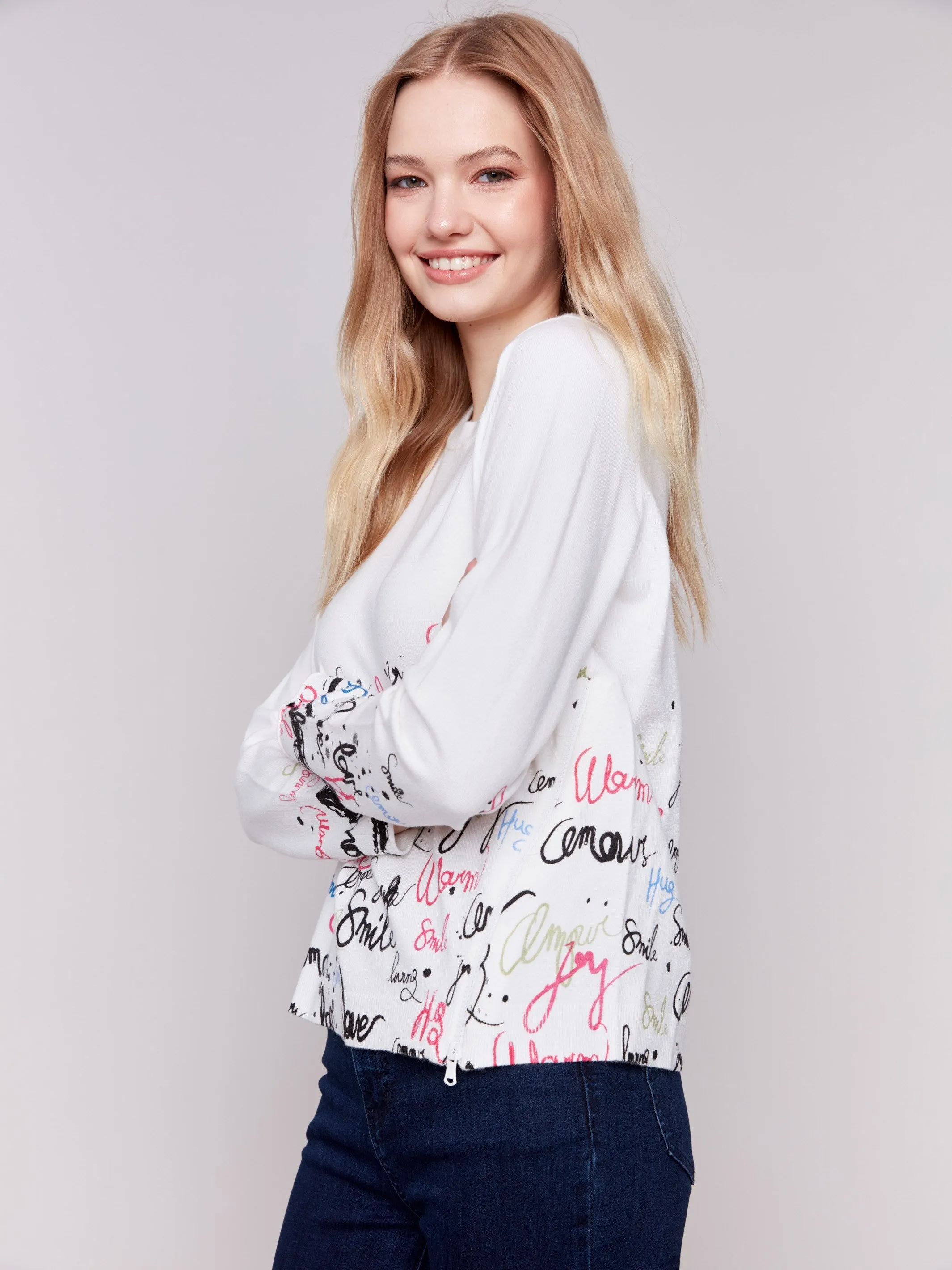 Printed Knit Sweater with Diagonal Zipper Detail - Cream