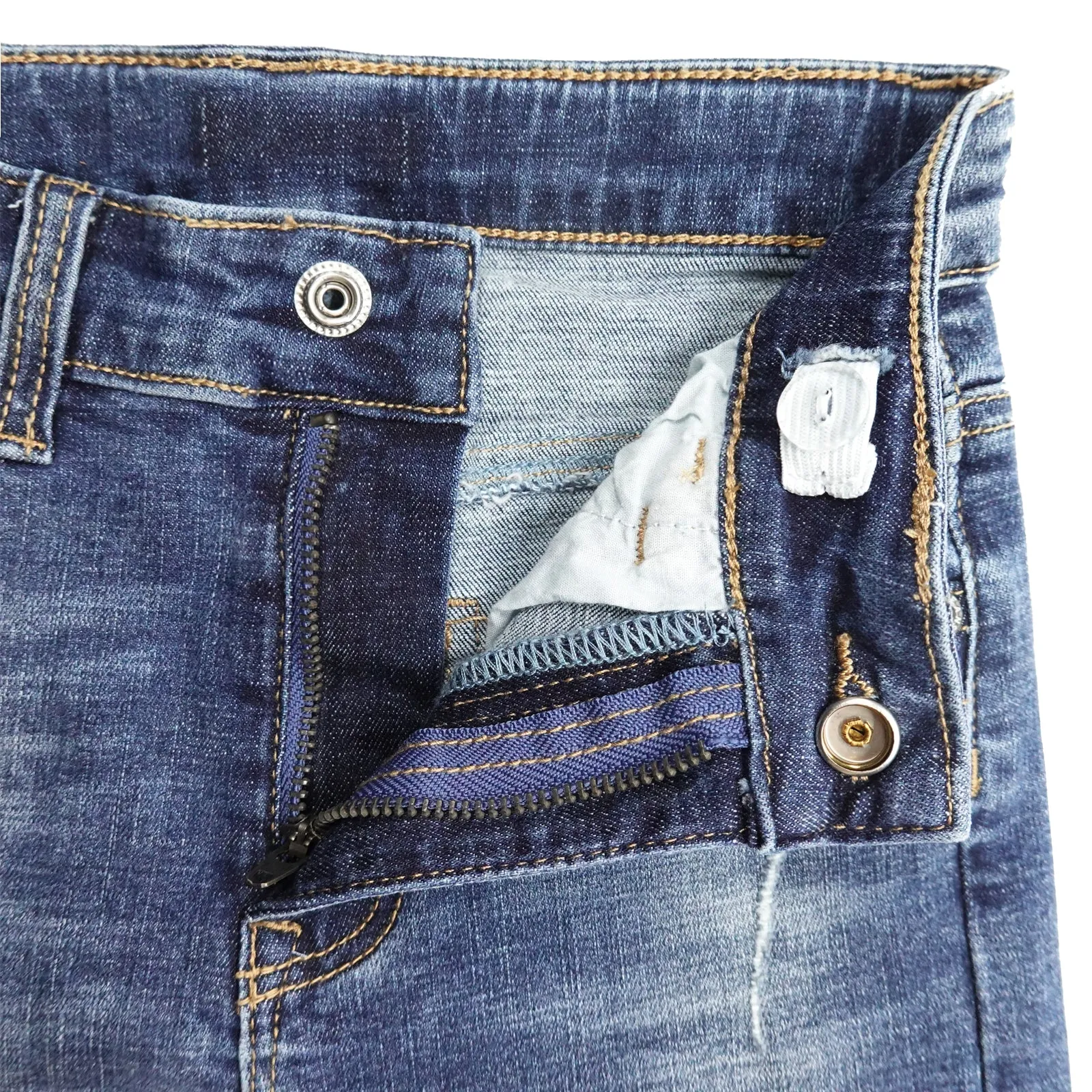 Ripped Elastic Band Inside Slim Fit Denim Jeans Pants