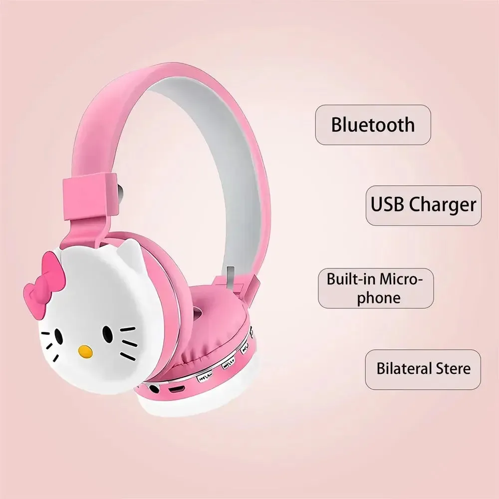 Sanrio Bluetooth Headphone Hello Kitty Wireless Headsets Cartoon Mic Foldable Lightweight Earphone for Phones Laptop Gift Pink